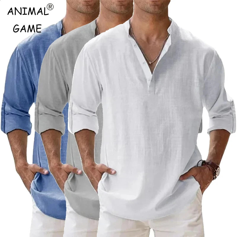Streetwear Men Lightweight Shirts Long Sleeve Henley Cotton Linen Shirts for Men Beach Hawaiian Shirts Breathable Collar Tshirts 250411