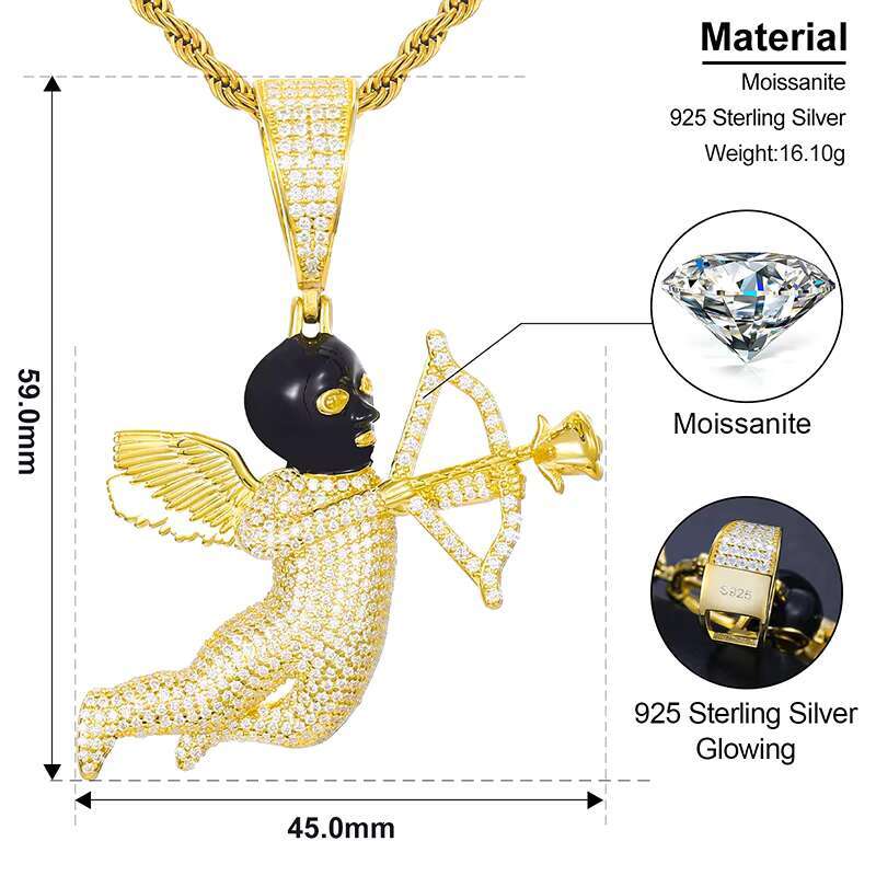 Dropshipping Bling Rappers Jewelry 925 Sterling Silver Full VVS Moissanite Angel Cupid Arrow Eros Pendant Necklace