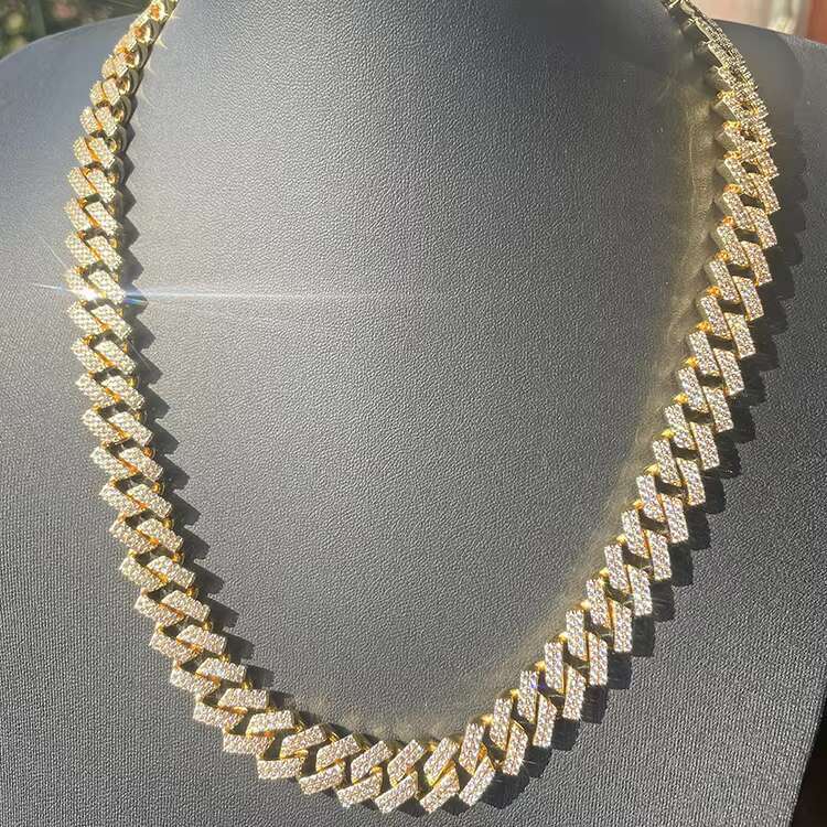 Wholesale 925 Silver Cuban Link Chain for Men 2Rows 14mm Wide with Moissanite Diamond Hip Hop Style Necklace