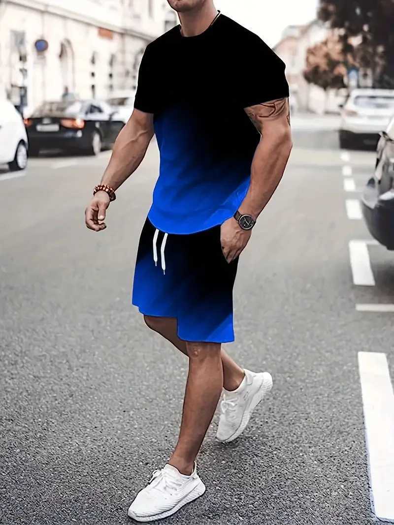 Fashion tie dye patterned short sleeved T-shirt and mens short sleeved set summer 3D printed gradient street comfort set 6XL Plus sizeXJ250412
