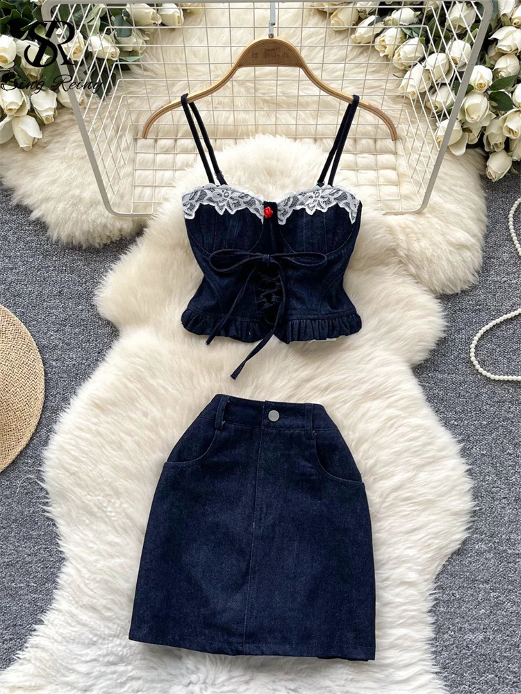 SINGREINY American sweet Denim Suits Lace Strapless Strap Tank TopPockets Mini Skirt Summer Female Streetwear Two Piece Set 250411