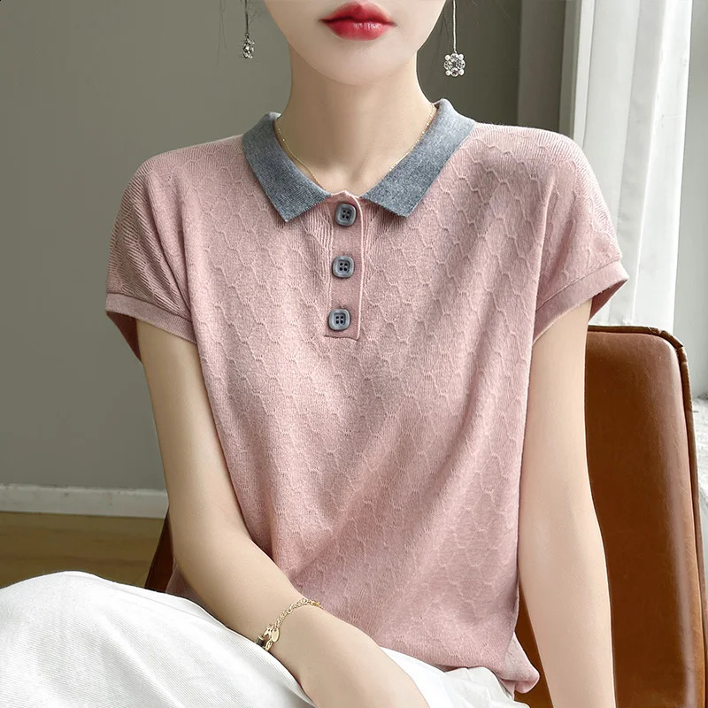Womens T-shirt Summer Worsted Knitted Sweater Short Sleeve Casual Splicing Ladies Clothes POLO Collar Tops Loose Tees 250411