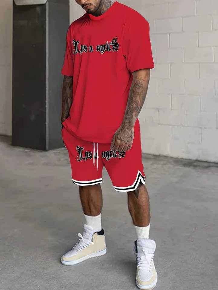Los Angeles Xin Mens Casual Set Round Neck Short Sleeve Drawstring Short Sleeve Suitable for Daily Outdoor Sports in SummerXJ250412