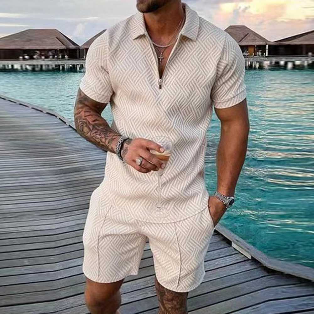 Mens sports T-shirt set casual mesh lapel short sleeved lapel top+short sleeved 2-piece solid thin sportswear black 2-piece setXJ250412