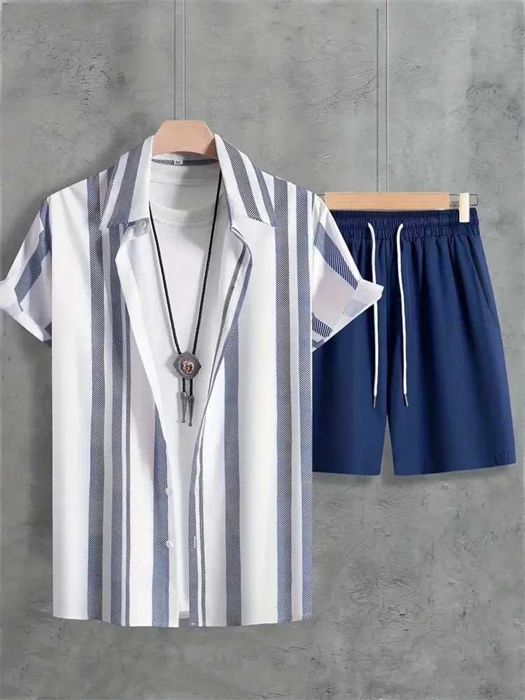 2024 Summer Mens Casual Commuter Set Mens Stripe Printed Short Sleeves 2-piece Mens Hawaiian Beach Style ClothingXJ250412
