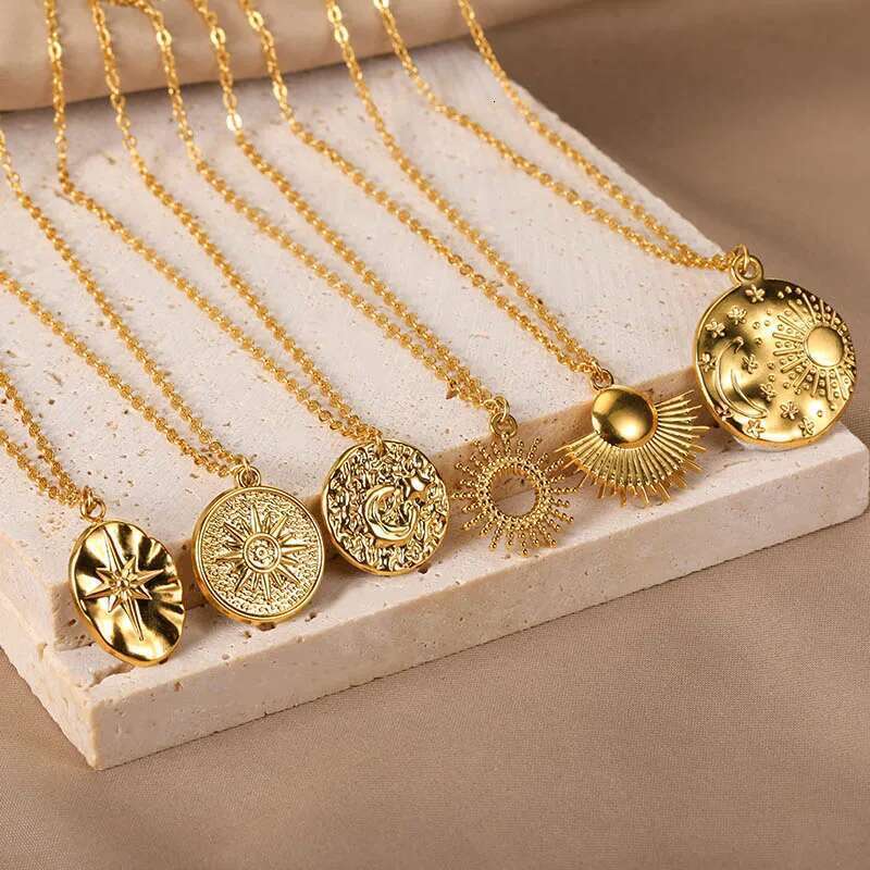 Fashion Stainless Steel Geometric for Women Gold Color Sun Ray Pendant Necklace Bohemian Jewelry Gift