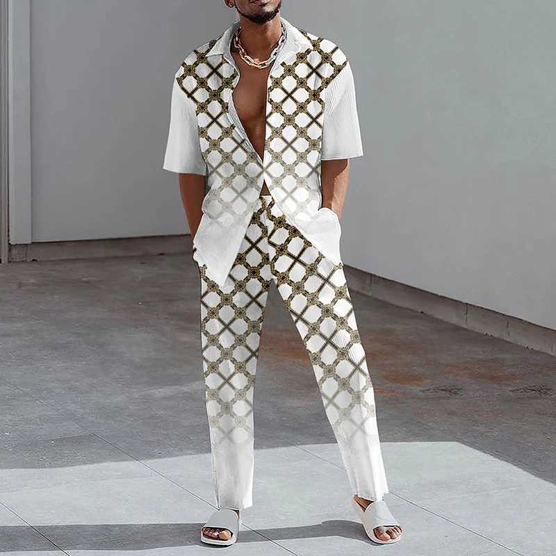 2023 Fashion Printed Two Piece Set Mens Collar Button Short Sleeve Shirt and Straight Pants Set Mens Summer Casual ClothingXJ250412