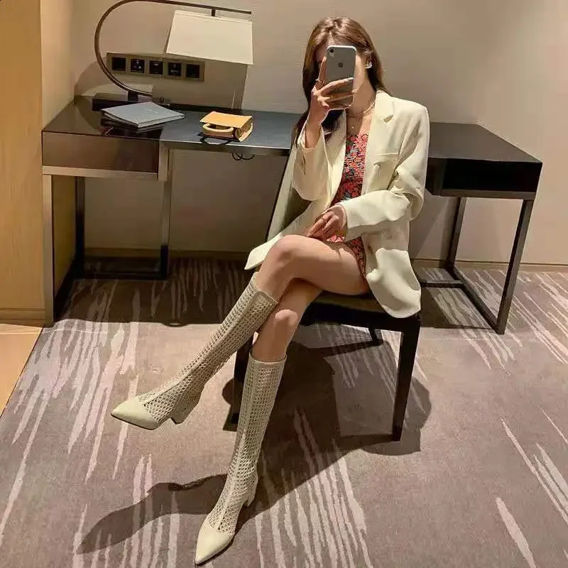 Summer Style Womens Long Boots Pointed Toe Hollow Out Boots Ins Thick Heel High Shaft Slippers Rubber Sole China Made 250411