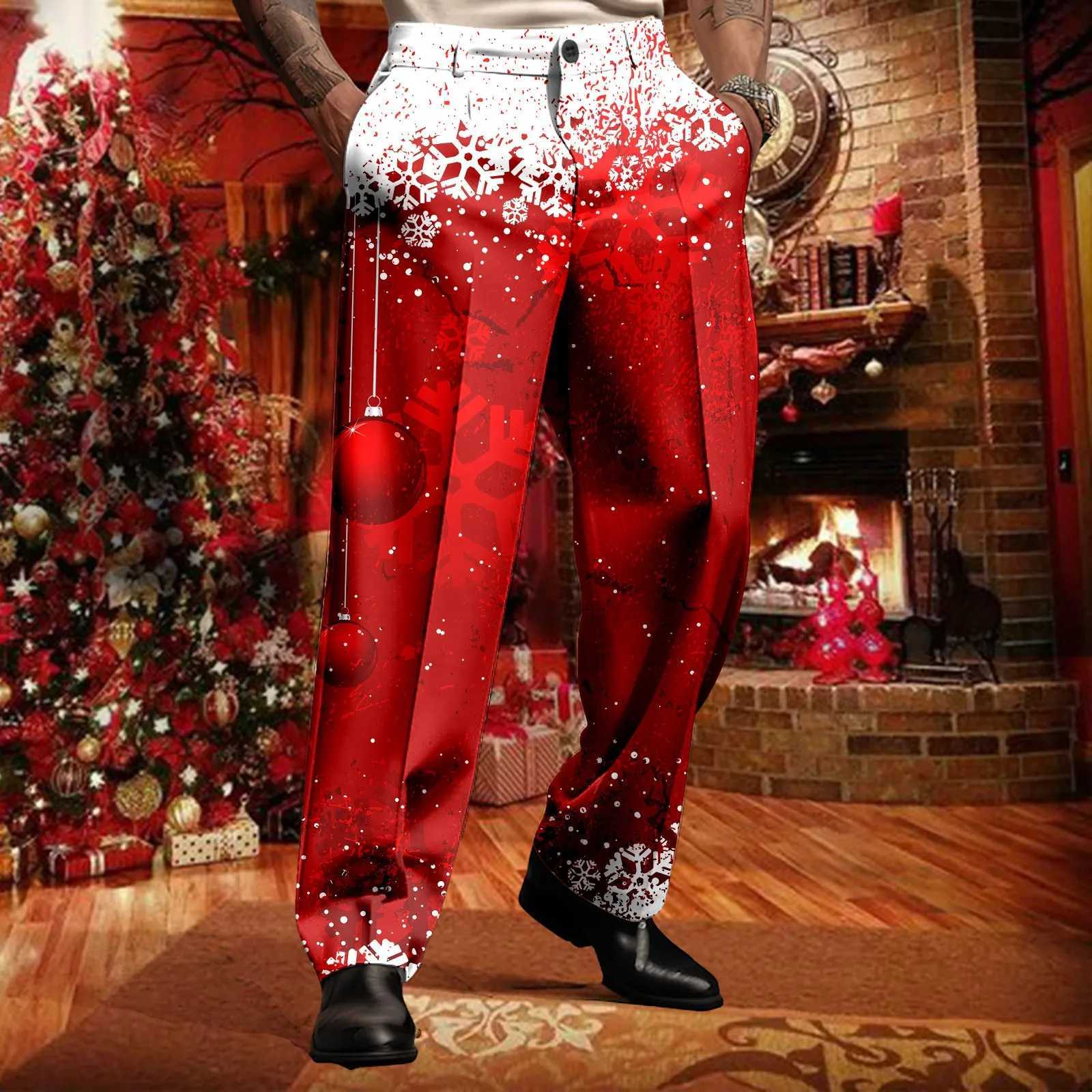 Merry Christmas set pants mens snowflake print Trouser holiday casual button dress pants party Christmas formal pants W250411