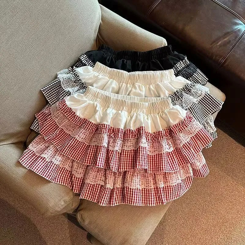Sexy sweet lace plaid puffy skirt for women American summer casual simple color block cake slim high waist skirt for s 2025 250411