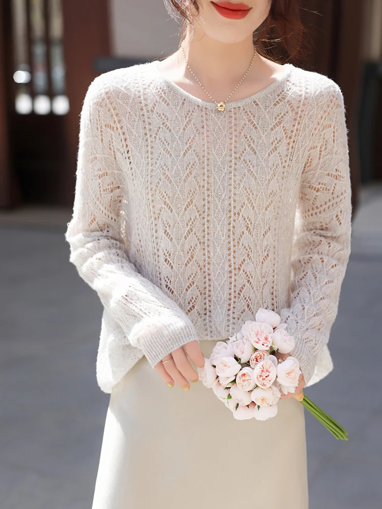 2025 Spring/Summer Arrival Hollow Out Oversize Womens Sweater Cashmere O-Neck Wool Loose Knitted Lady Clothes Fashion Trend 250411