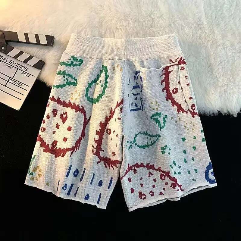 Cashew wer Knitted Men Women Drawstring Loose Five Quarter Pant Summer American Vintage High Street Casual Shorts