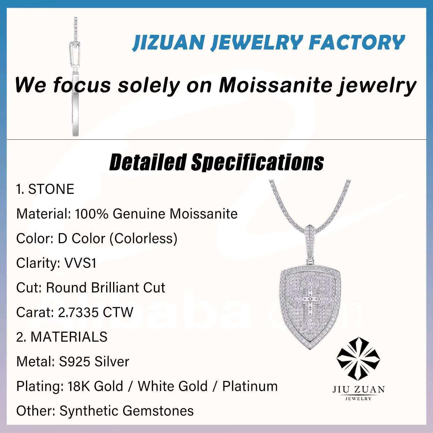 Cross Shield Moissanite Pendant Necklace Full Moissanite Pave 925 Sterling Silver 18K Gold Plated Modern Hip Hop Style