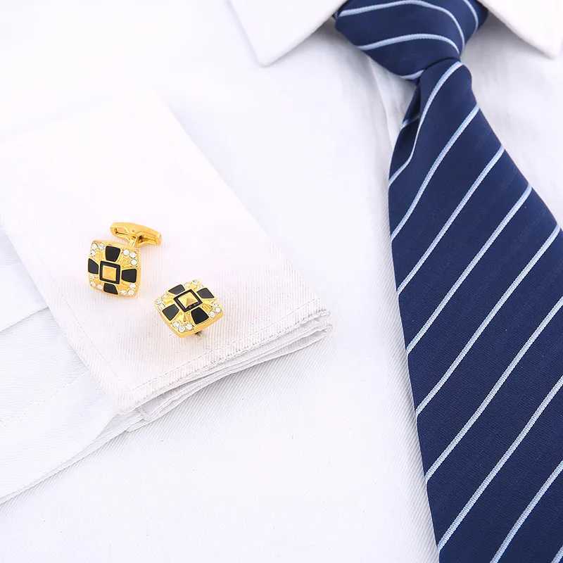 High quality gold black square crystal mens business enamel cufflinks dress accessories French shirt cuffs Fathers jewelry giftsT250412
