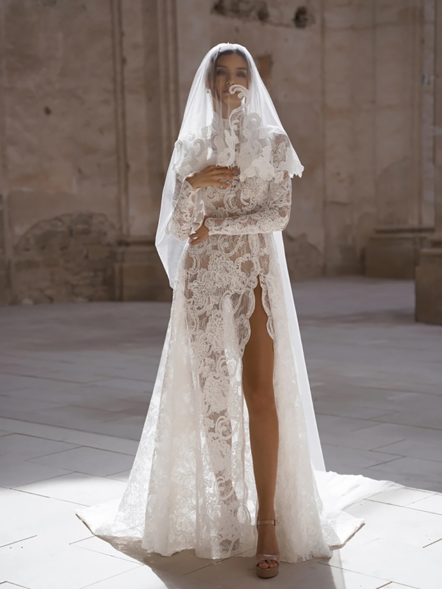Vintage High Neck A-Line Wedding Dress Elegant Lace Appliques Dresses Side Slit Floor-length Bride Dresses Customized Vestidos De Novia