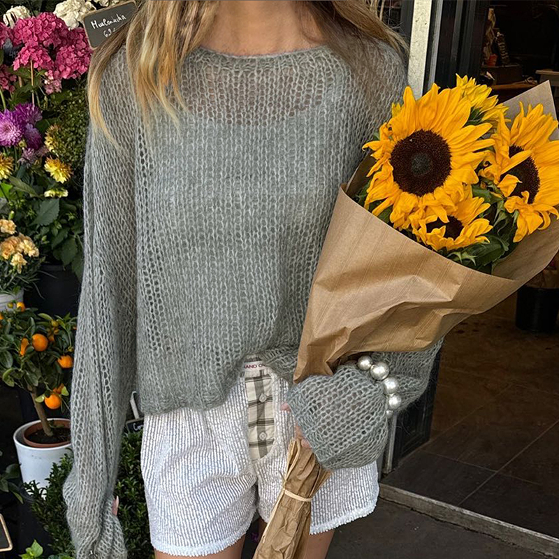 Fall women clothes Women's solid color hollowed out semi-sheer casual sweater round neck and long sleeve four seasons comfortable street loose to