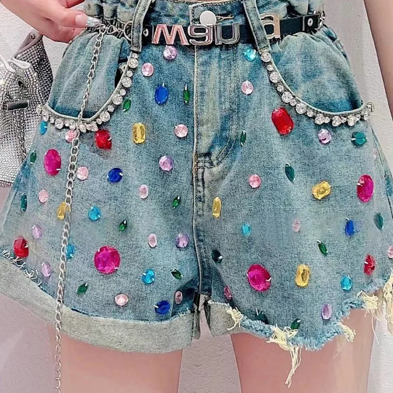 Bling Diamond Denim Shorts Womens Streetwear n Hole Sequin Fashion All-Matched Jeans Shorts Summer Casual Loose Pants 250411