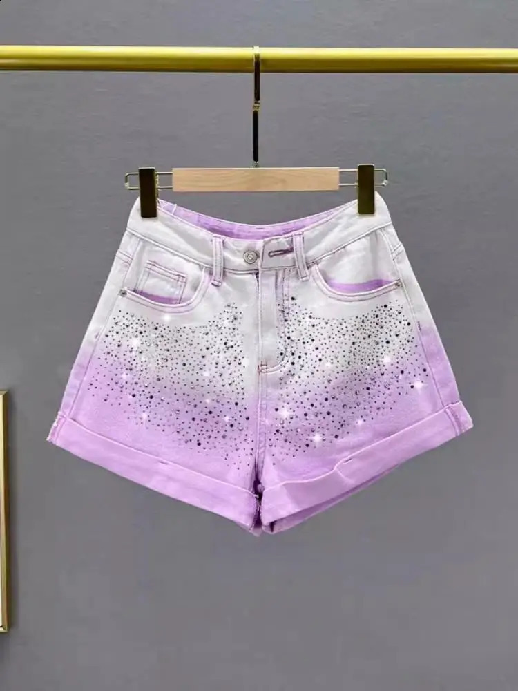 Korean Fashion Diamond Gradient Wide Leg Denim Shorts Womens Autumn High Waist Slim Jean Short Pant Trendy Streetwear 250411