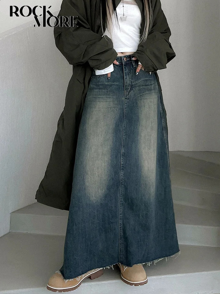 Rockmore Vintage Jean Skirt Fashion WomenS Denim Long Skirts Women Y2K Aesthetic Fairycore Midi Skirt Harajuku Casual Korean 250407