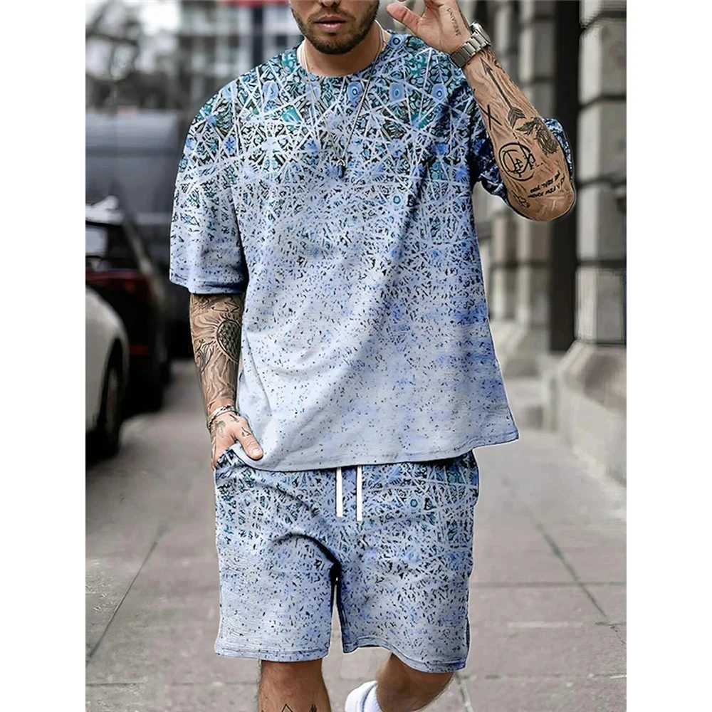 Summer retro ethnic style mens shorts set casual T-shirt+shorts 2PCS set 3D printed mens oversized O-neck sports shirtXJ250412