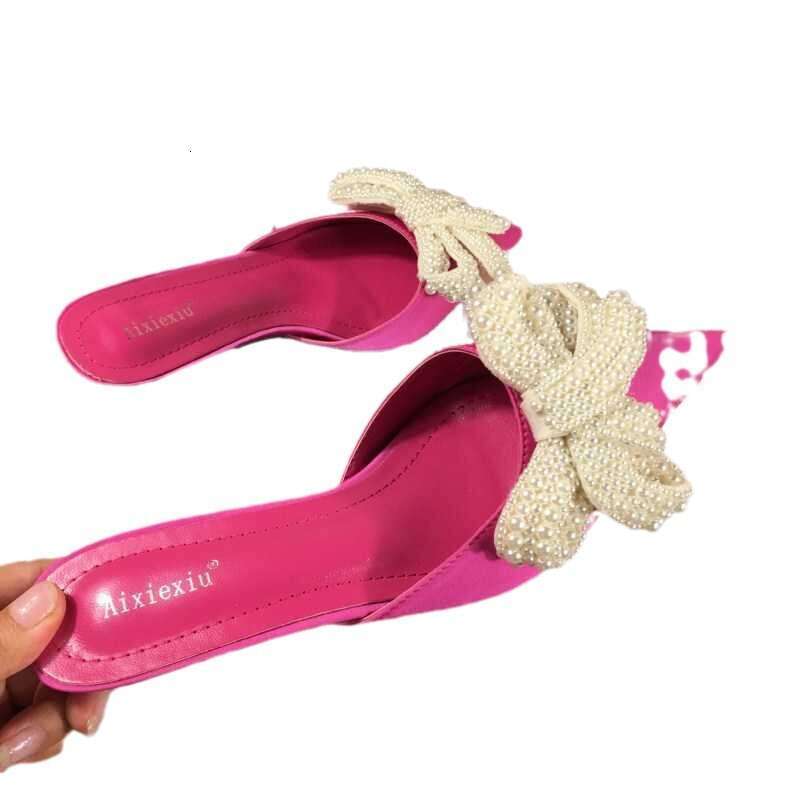 2023 Summer New Internet Celebrity Pearl Water Diamond Bow Thin Heel Cool Women's Shoes Versatile Baotou Half Dragging Slippers 40