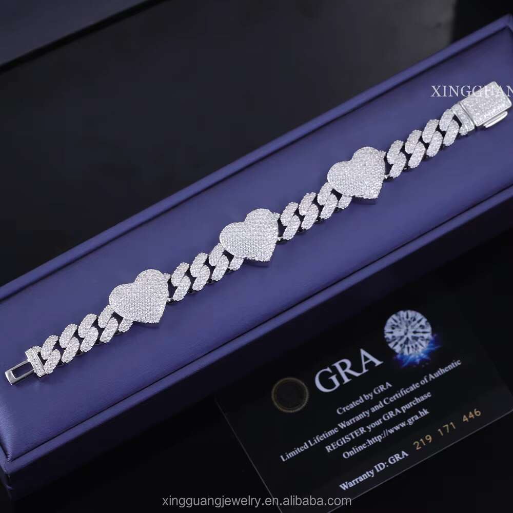 Cuban Chain Moissanite Diamonds 8MM 10MM 12MM Iced Out Hip Hop Heart Cuban Link Chain 925 Silver Plated 18K Gold Necklace