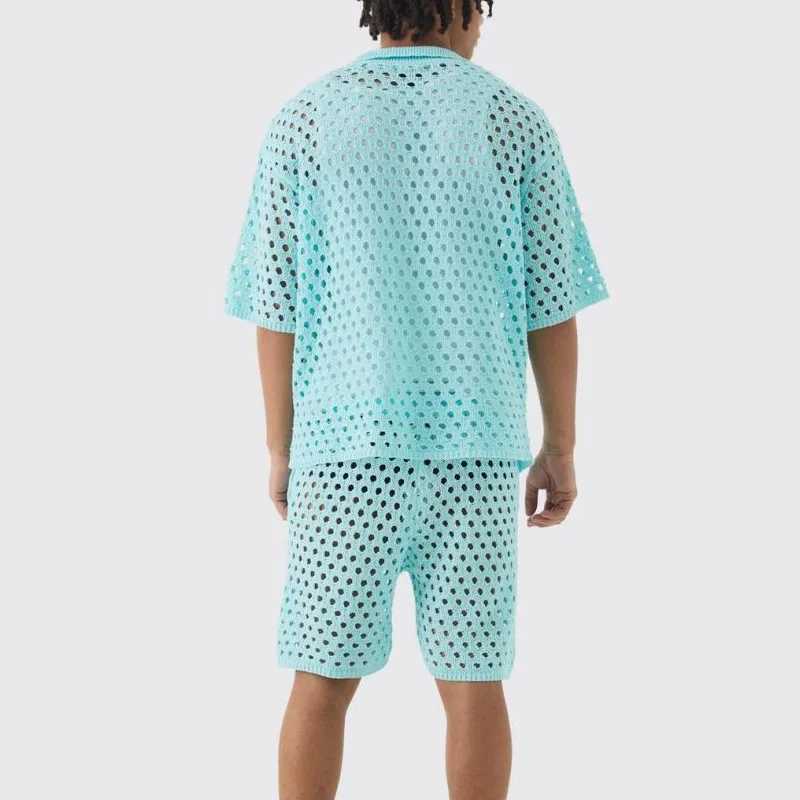 New Summer Casual Fashion Mens Hole Short sleeved T-shirt Set Beach Vacation Breathable Quick drying Commuter 2-piece SetXJ250412