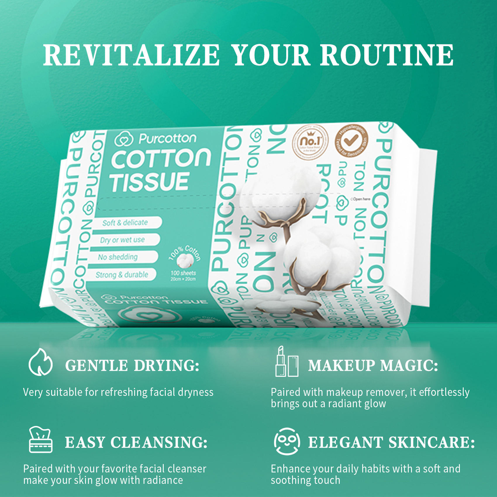 Hypoallergenic 100% USA Cotton Soft Face Towels - 300 Unscented Disposable Tissues for Sensitive Skin & Makeup Removal, 48 Pack