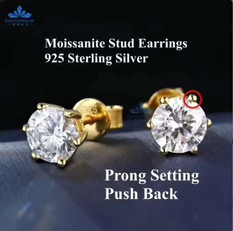 1CT 6.5mm Classic Mossanite 6 Prongs Earrings Luxury Jewelry 925 Sterling Silver VVS Moissanite Diamond Ear Stud for Men Women