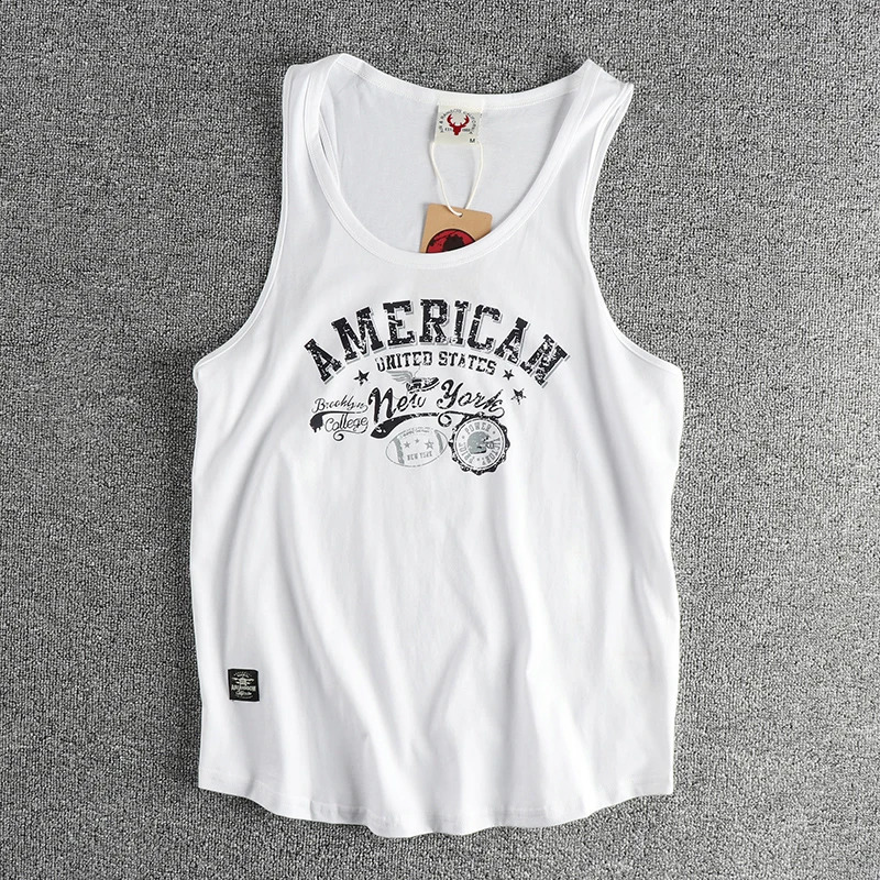 Retro trend letter pattern mens sweat vest all cotton wash fitness sports sleeveless vest T-shirt 250407