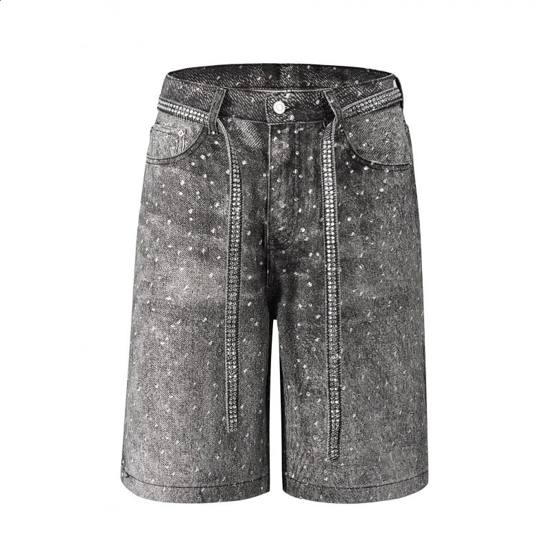 MAQVOB Top Quality European And American High Street Washed Diamond Rhinestone Draw String Denim Short Jeans 250411