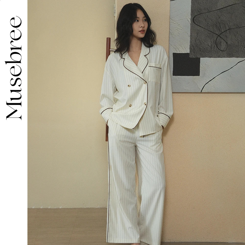 Musebree Womens Light Simple Lapel White Pajama Set Ladies s Striped Sleepwear Spring Nightwear Women Loungewear Set 250411