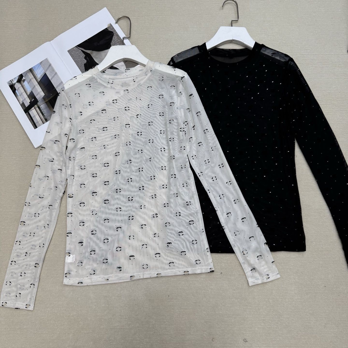 Women o-neck long sleeve rhinestone shinny bling logo letter flocking designer gauze perspective t-shirts slim waist tops SML