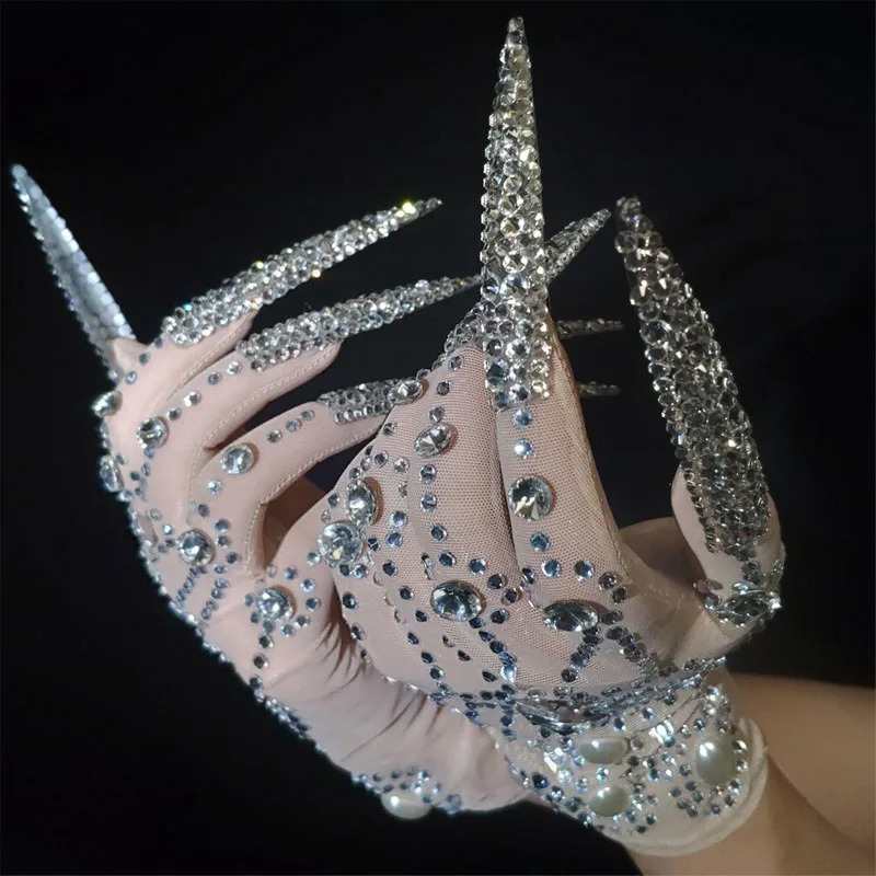 AB Rhinestones Pearls Plus Length Nails Gloves Women Fashion Drag Queen Outfit Nightclub Stage Performance Accessories 250408