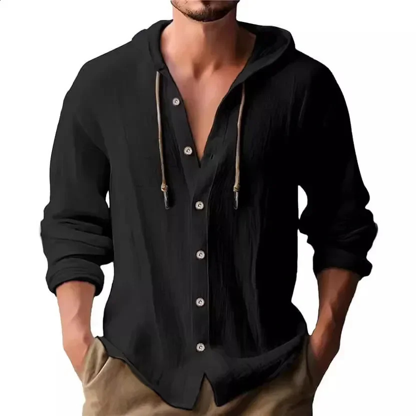 2025 Spring and Summer Mens Hooded T-shirt Solid Color Cotton Linen Mens Casual Long-sleeved Top 250411