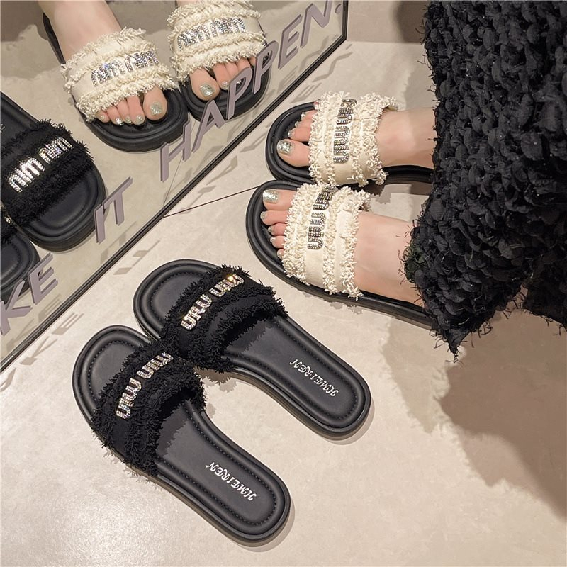 free shipping designer slippers for woman Summer outdoor indoor sandal casual black tassels vintage beach shoes