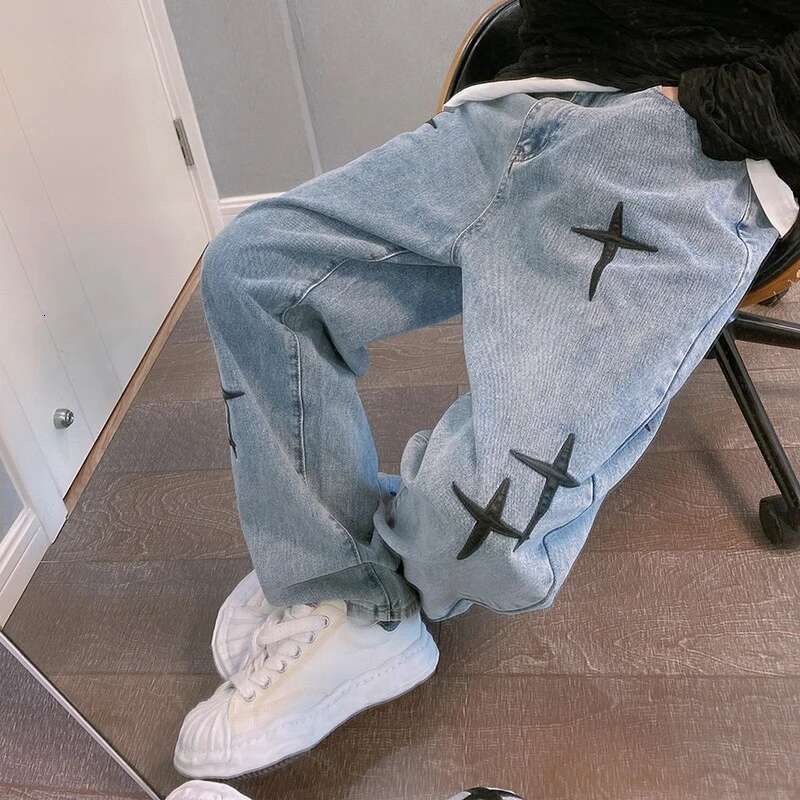 Prints Men New Streetwear Baggy Wide Leg Jeans Korean Fashion Drapes Straight Casual Loose Denim Cargo Pants