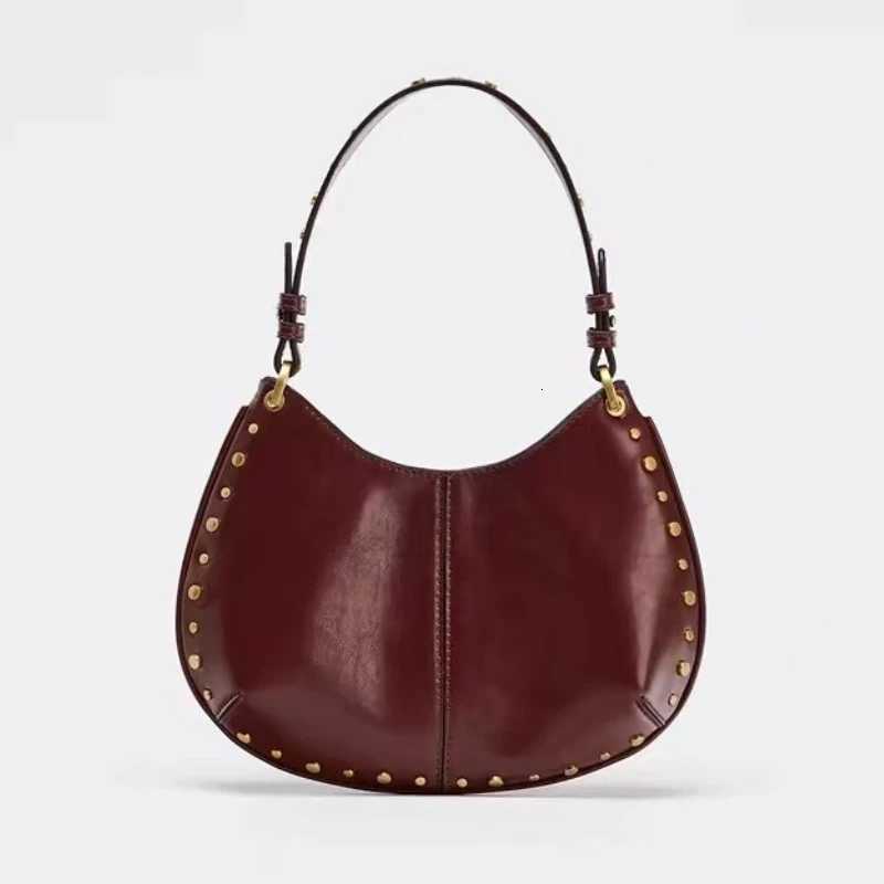 Fashion 2025 Underarm Bag New Trendy Riveted Chain Saddle Bag Wine Red Black Single Shoulder Handbag for WomenT2511112