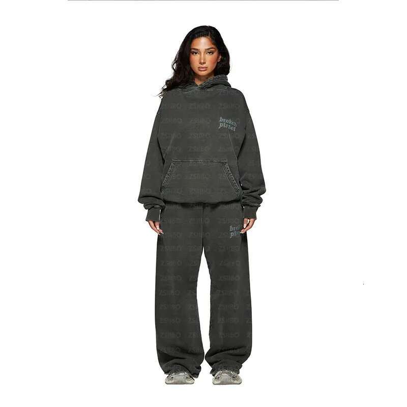 Casual New American Personality Print Fashion Washed Cloth Vintage Hooded Y2k Warm Street Sport Pants Top Suit Autumn And Winter