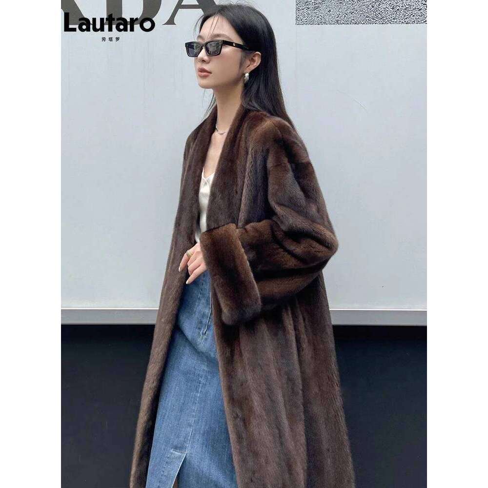 Lautaro Winter Long Vintage Elegant Luxury Chic Thick Warm Soft Brown Fluffy Faux Mink Fur Coat Women V Neck Furry Overcoat 2025