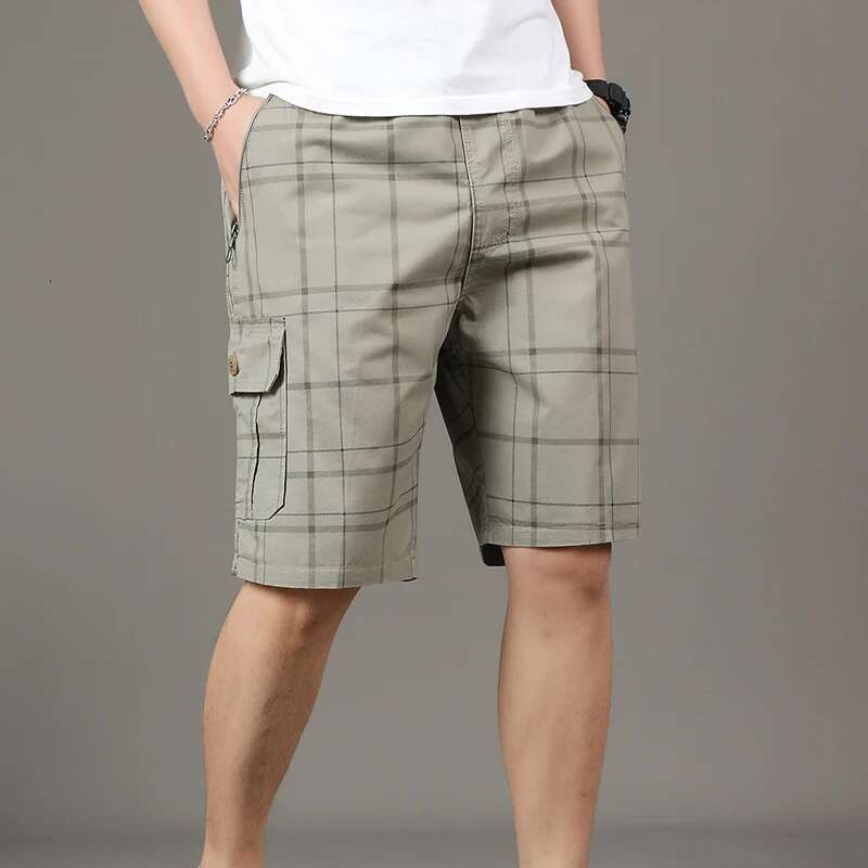Summer Clothing Men's Solid Color Zipper Pockets High Waist Elastic Straight Cargo Knee Pants Boyfriend Office Lady Shorts