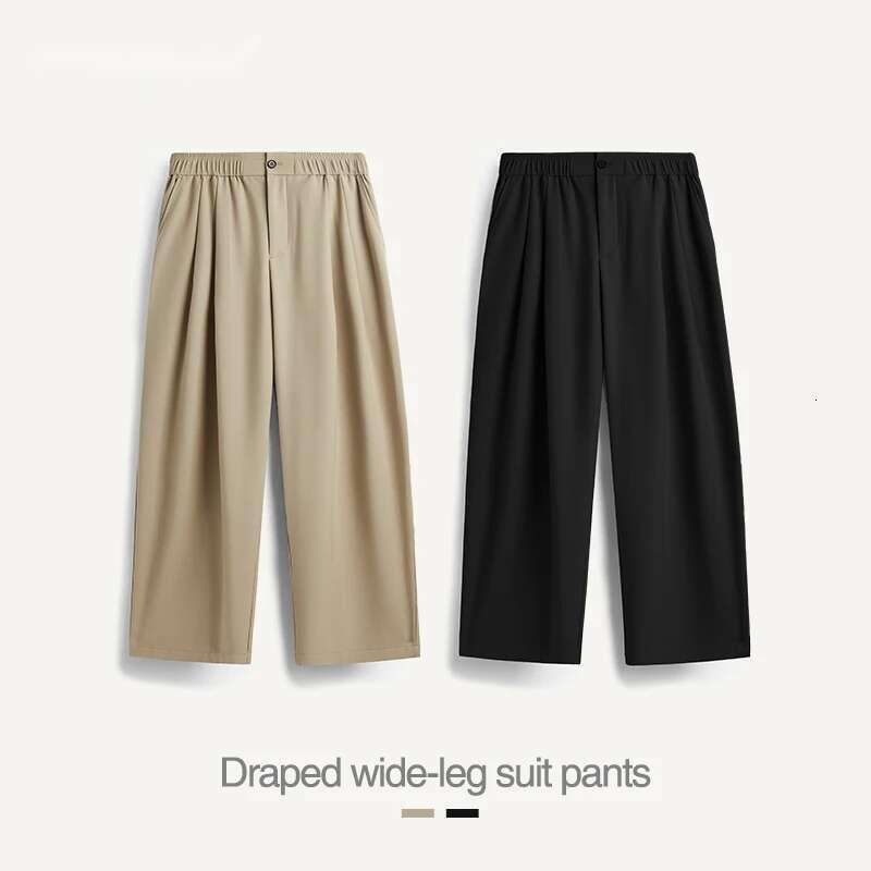 Black Wide Leg Suit Pants Men 2024 Trendy Elastic Waist Drape Casual Trousers Unisex