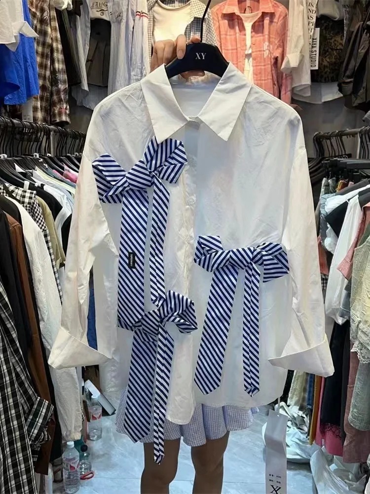 Big Bows Stitch Mid-length Shirts Blouses For Womens Autumn Buttons Up Long Sleeve Loose Top Blusas Korean Clothes 250411