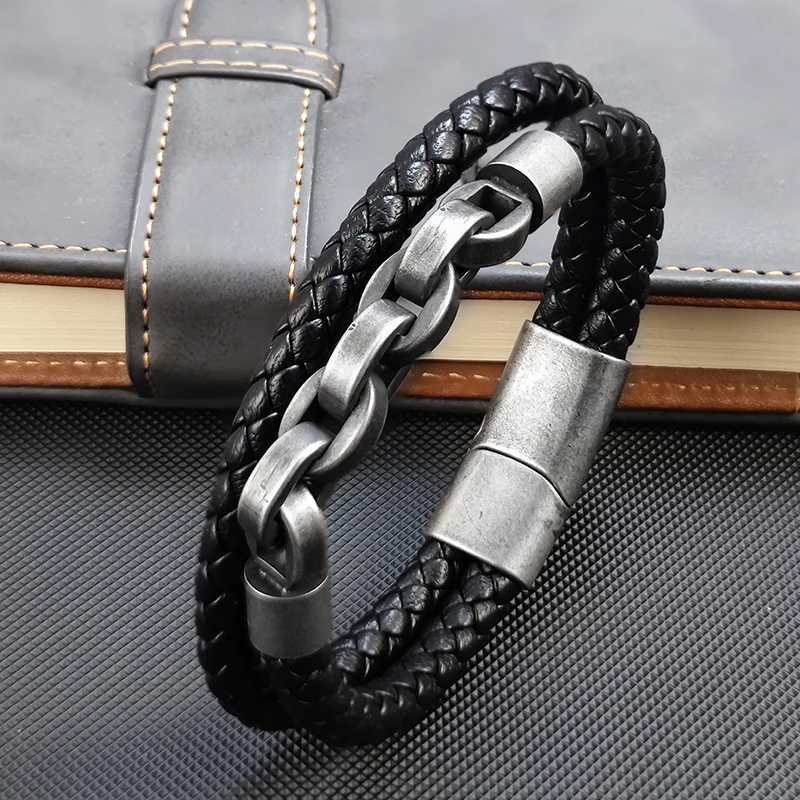 2025 Fashion Multi layered Stainless Steel Charm Viking Leather Bracelet Mens Woven Bracelet Punk Jewelry Homme AccessoriesC250411