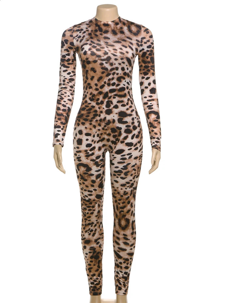 Nibber Leopard Print Women Jumpsuit Fitness Zip Full Sleeve Spring o-Neck Skinny Stretch Streetwear Fit Workout Overalls 250411