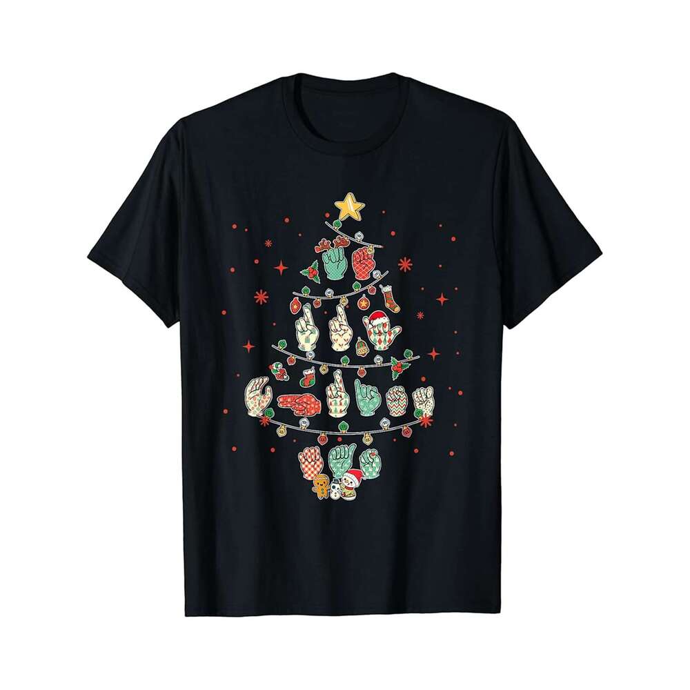 Designer T shirt American Sign Language Christmas Tree ASL Xmas Lights Tree - 220g T shits