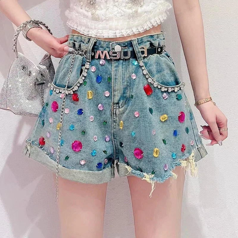 Bling Diamond Denim Shorts Womens Streetwear n Hole Sequin Fashion All-Matched Jeans Shorts Summer Casual Loose Pants 250411
