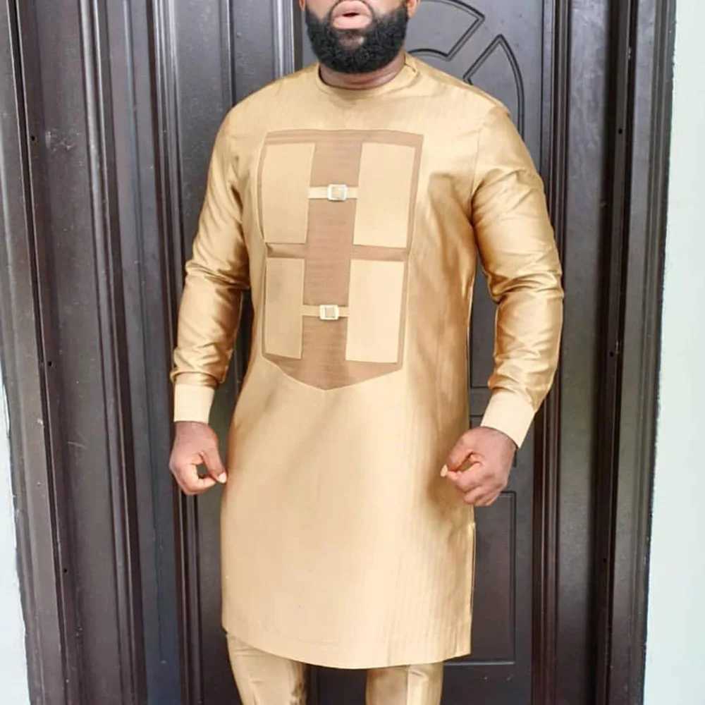 2025 mens elegant long sleeved suit shirt pants 2-piece round neck splicing solid color party long sleeved African ethnic styleXJ250412