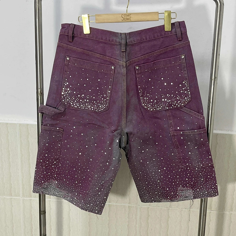PFNW Niche Heat-melting Rhinestone Shorts With Ink Splatter Dyeing Gradient Denim Knee Length Pants Men 2025 Bottoms 28W6376 250411