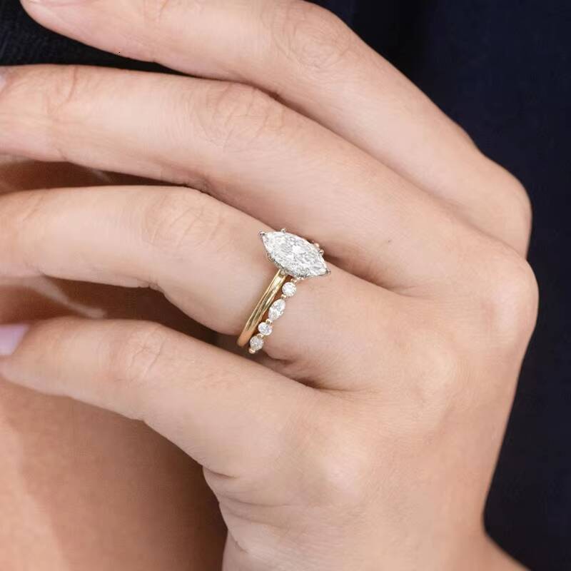 Customized 18K Yellow Gold 2CT Marquise Diamond with Hidden halo Wedding Ring Band Moissanite Jewelry Rings Set